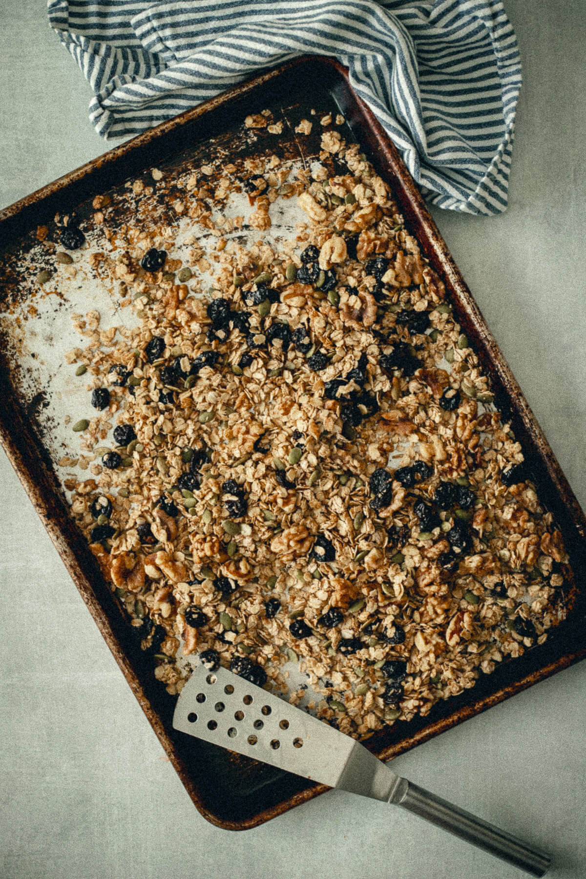 Cherry Walnut Granola on a baking sheet