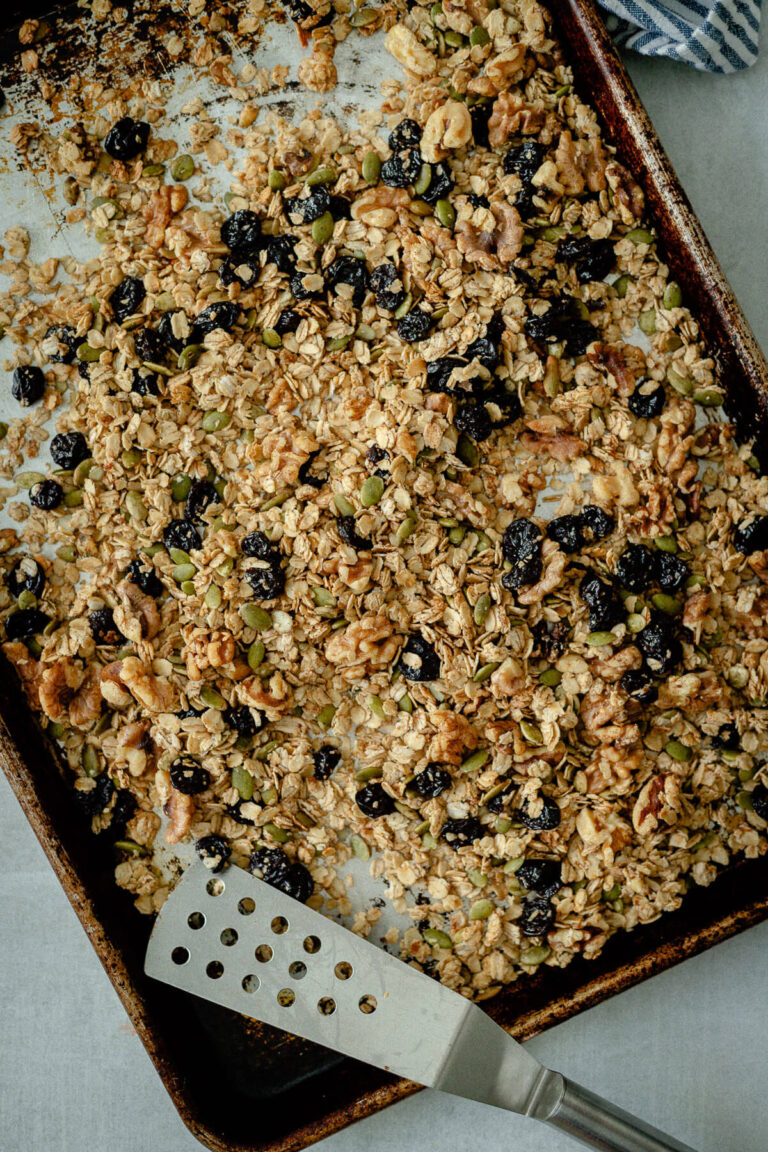 Cherry Walnut Granola on a baking sheet