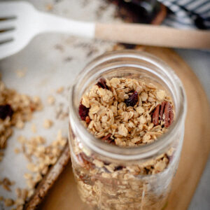 cranberry pecan granola in a jar