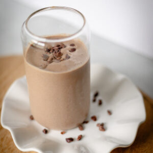 Chocolate Peanut Butter Protein Smoothie double chocolate protein smoothie with cacao nibs on top