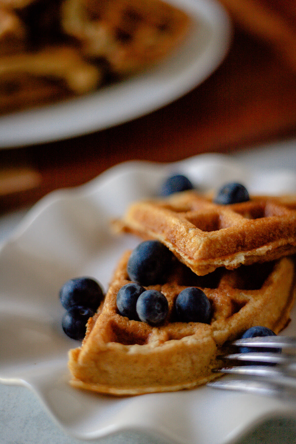 Gluten Free Protein Waffles close up view of gluten free protein waffles with blueberries