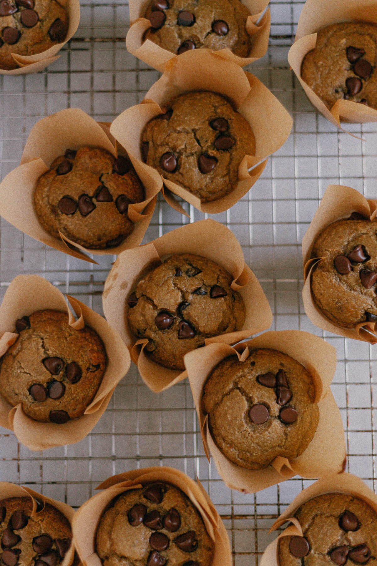 Blender Banana Chocolate Chip Muffins View of a dozen banana chocolate chip muffins on a cooling rack