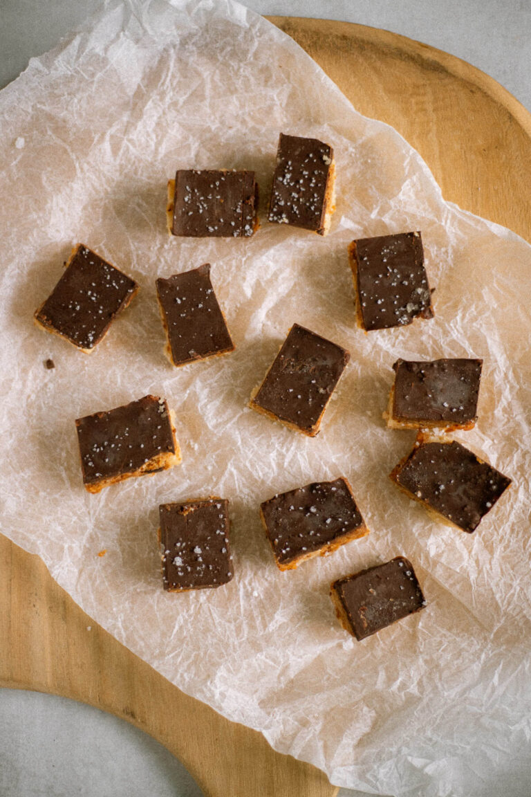 overhead view of peanut butter chocolate date bars - like a healthier chewy snickers bar