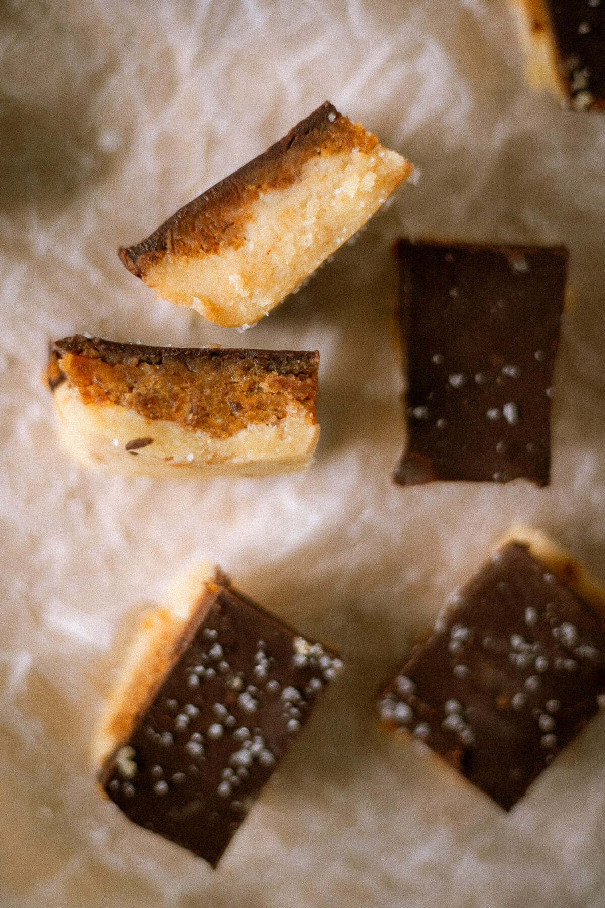 side view of peanut butter date bars with chocolate topping