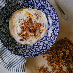 greek yogurt with honey and topped with buckwheat groat almond granola