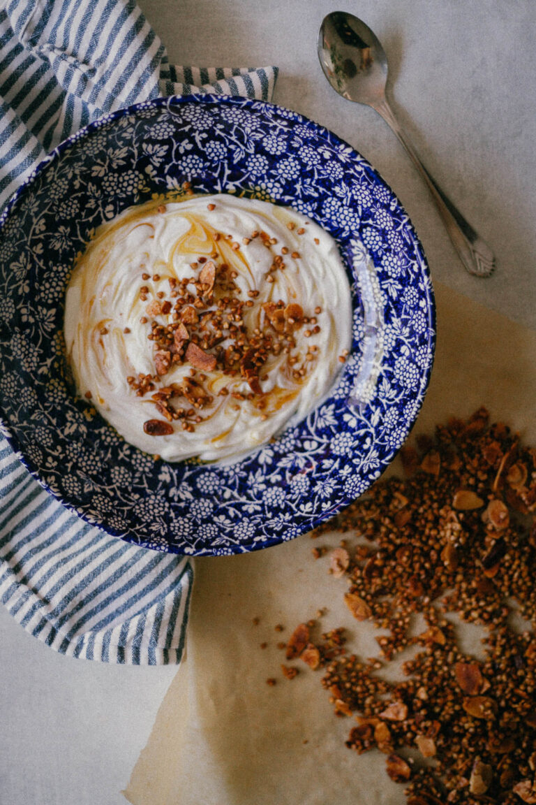 greek yogurt with honey and topped with buckwheat groat almond granola